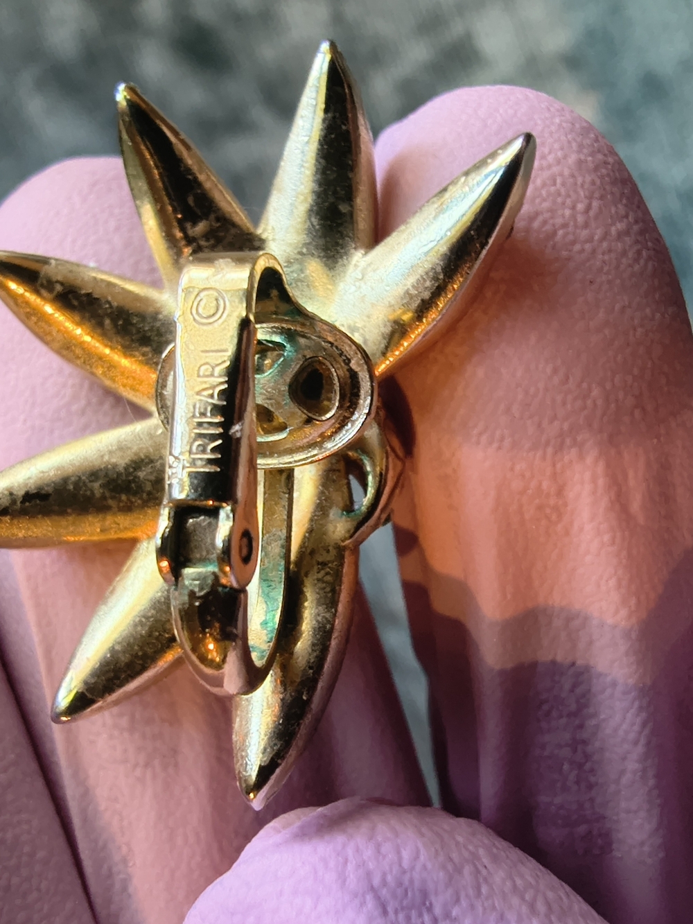 Trifari Vintage Gold Plated Orange Enamel Floral Clip-On Earrings with Gold Trim - Picture 7 of 12